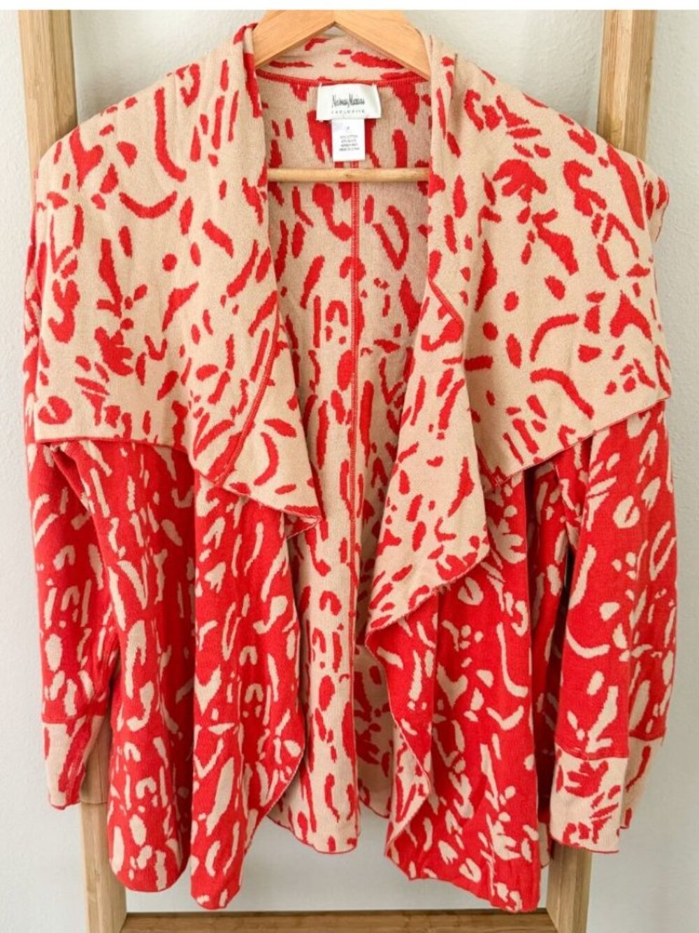 Neiman Marcus Exclusive Draped Open Front Cardigan Sweater Red Beige Abstract M